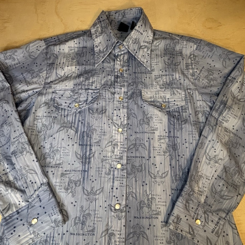 Hands Off Mens Vintage Sears Long Sleeve Pearl Snap Shirt L Blue All Over Print - Picture 1 of 10